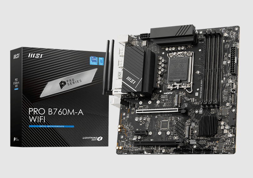  B760 m-ATX Motherboard: 1700 Socket For Intel 14th/13th/12th Gen. Processors <br>4x DDR5, 4x SATA 6Gb/s, PCIe 4.0, 2x M.2 Gen4, USB 3.2, 2.5GbE LAN, Wi-Fi 6E + Bluetooth 5.3, Realtek ALC897 Audio, 2xHDMI/2xDP  